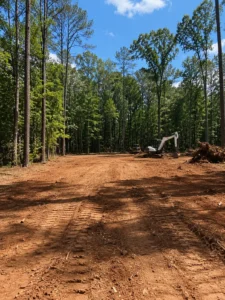 Cleared wooded construction lot with excavator and equipment preparing the site for a new home in Chapel Hill