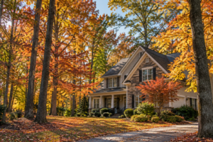 Residential home surrounded by trees with vibrant red, orange and golden fall foliage, illustrating autumn tree care and seasonal property maintenance.